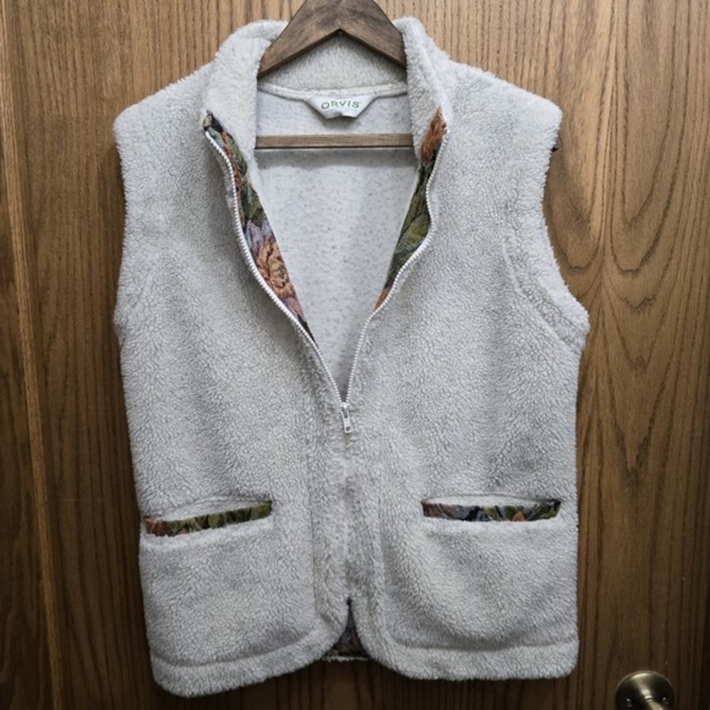 Women's Medium Orvis Sherpa Fleece Vest Full Zip Cream Floral Trim Excellent